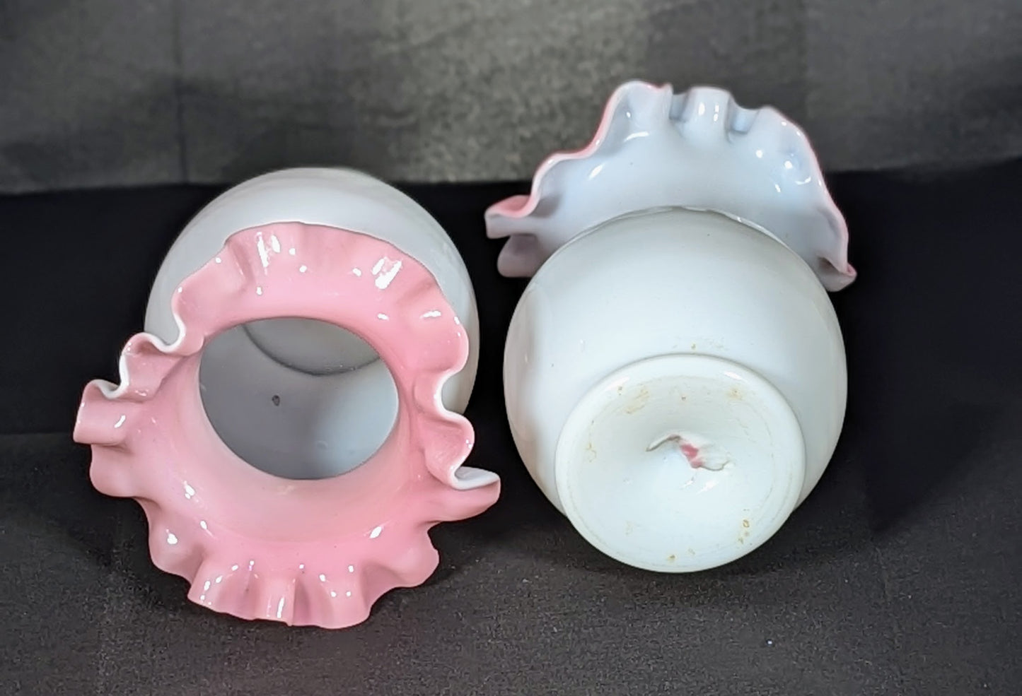 Pair of Victorian Pink and White Frilled Glass Vases