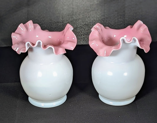 Pair of Victorian Pink and White Frilled Glass Vases